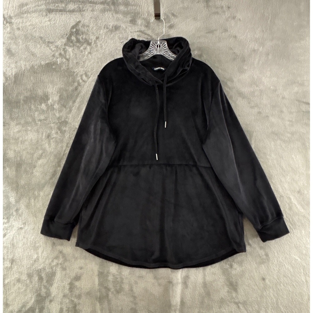 Lands End Velour Pullover Hoodie Womens XL‎ Black Hooded Tunic Sweatshirt Pocket